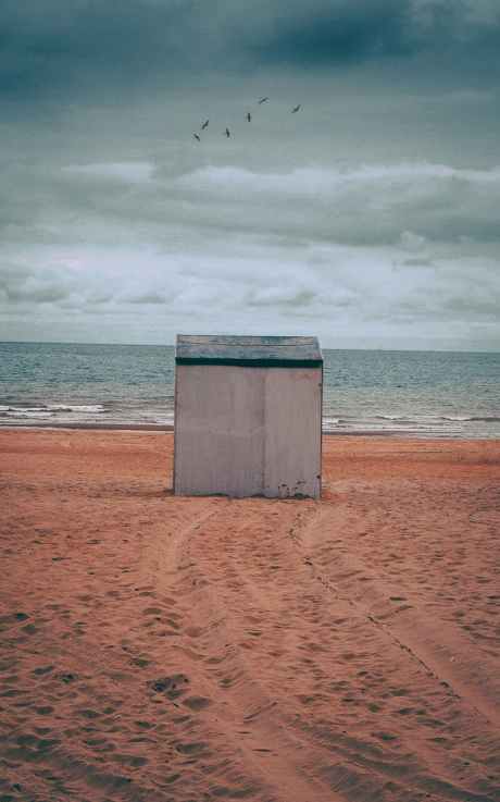 gray storage shed on brown sand